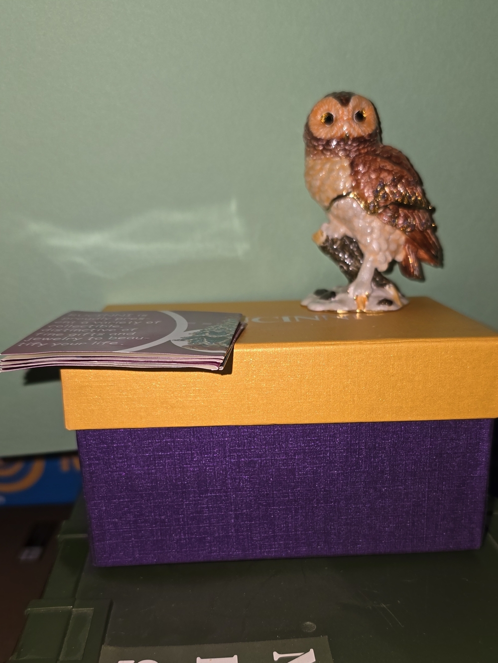 Mini Metal and Enamel Owl Figurine Trinket Box